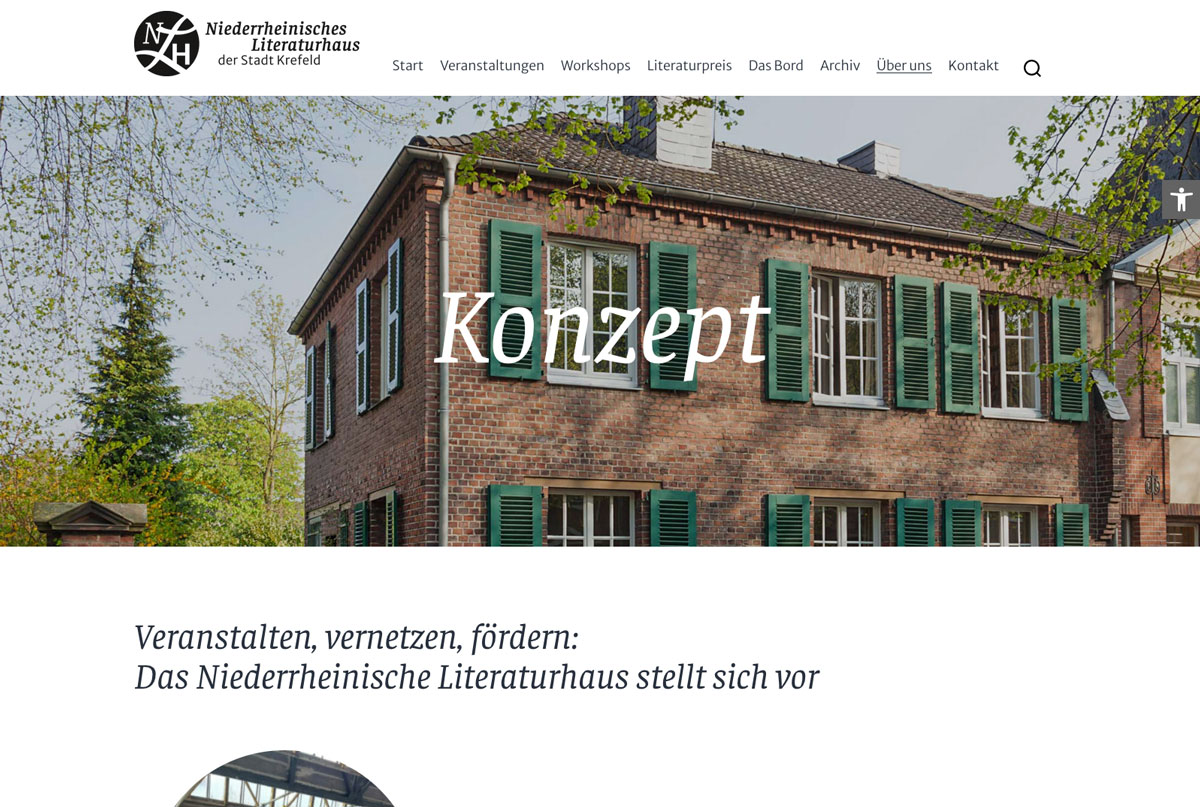 Website des Niederrheinischen Literaturhauses, Unterseite „Über uns“ mit Erläuterung des Konzeptes