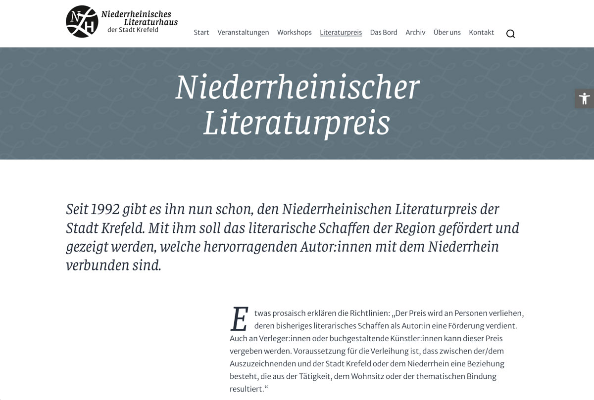 Website des Niederrheinischen Literaturhauses, Unterseite Niederrheinischer Literaturpreis